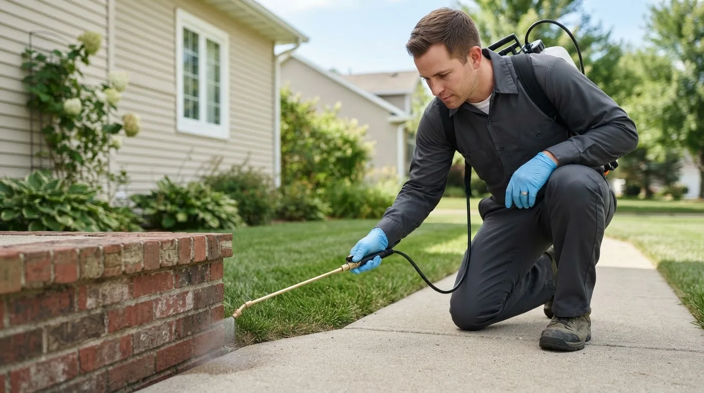 Pest control technician treating a home near Caldwell, WV