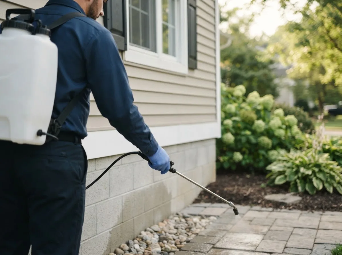 Pest control technician inspecting a home in Caldwell, WV